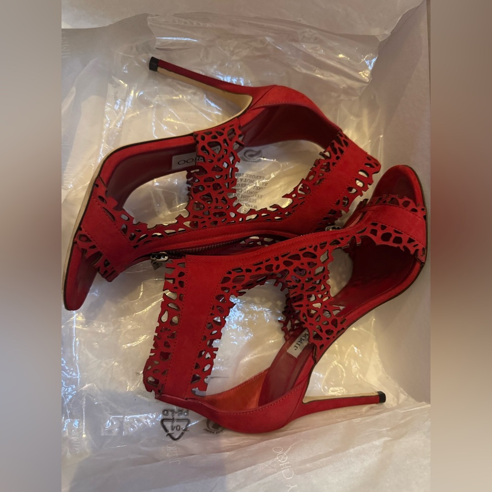 Red suede Jimmy Choo sandal heels - laser cut and perforated